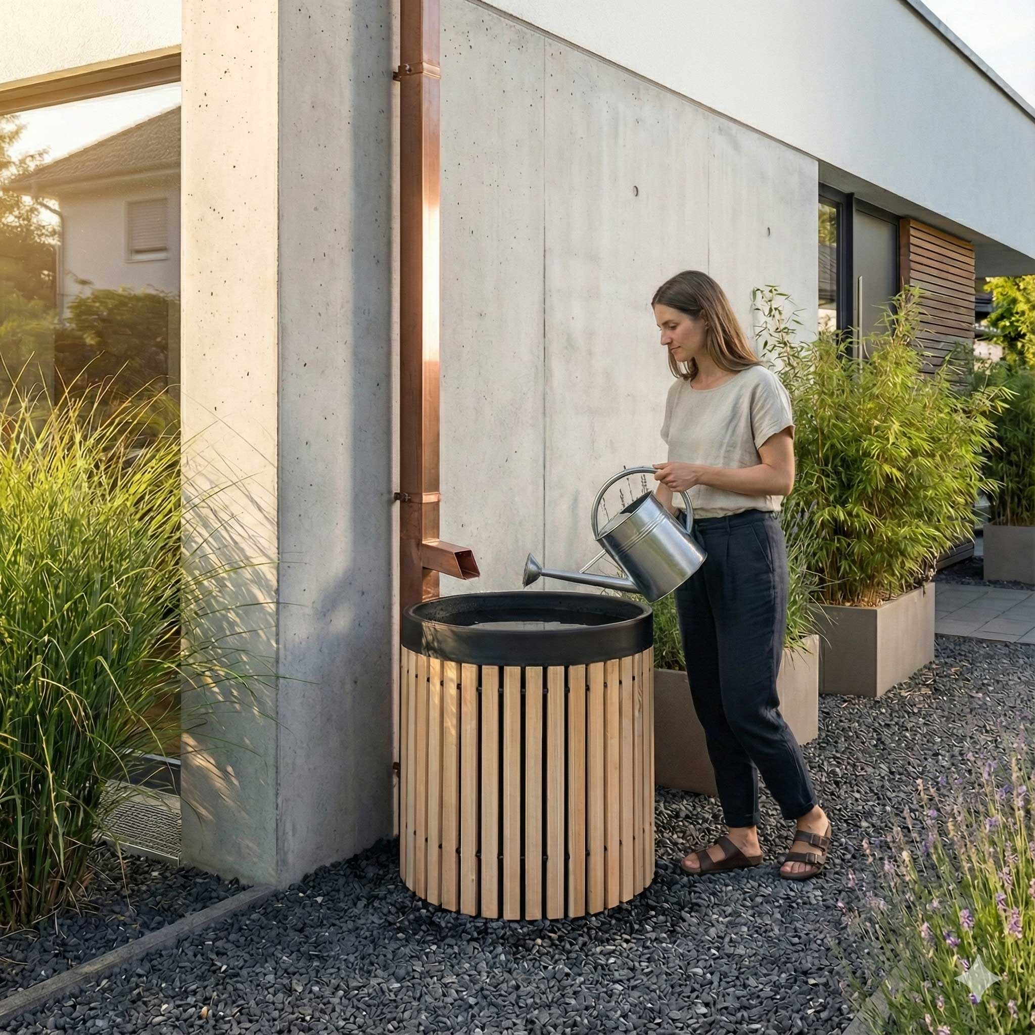 Beckmann Regenfass aus Lärchenholz im Garten